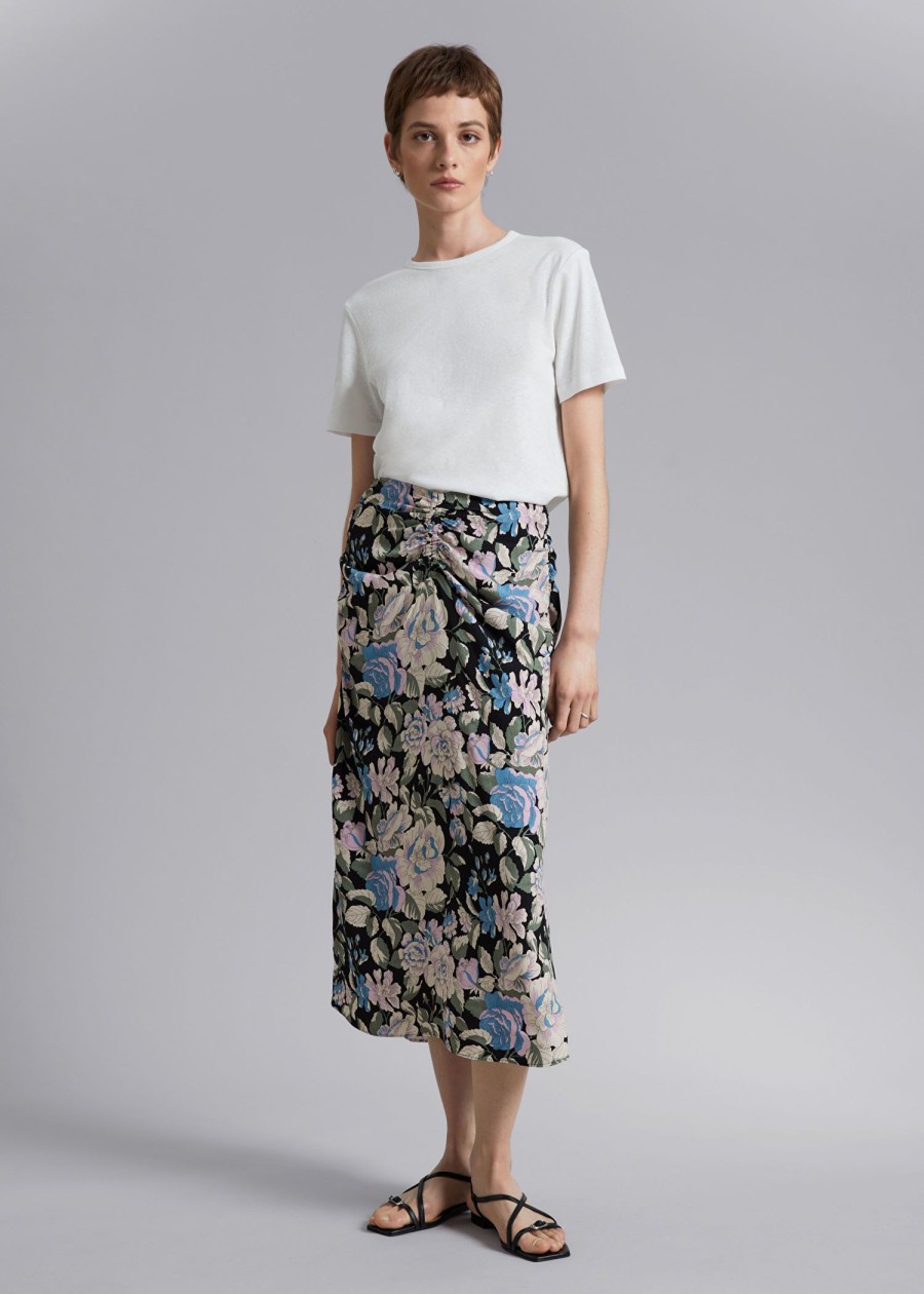 Toj & Other Stories | Ruched Midi-Nederdel Sort Blomsterprint